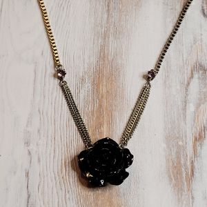 BETSEY JOHNSON Silver Plated Resin Black Rose Pink Crystal Necklace